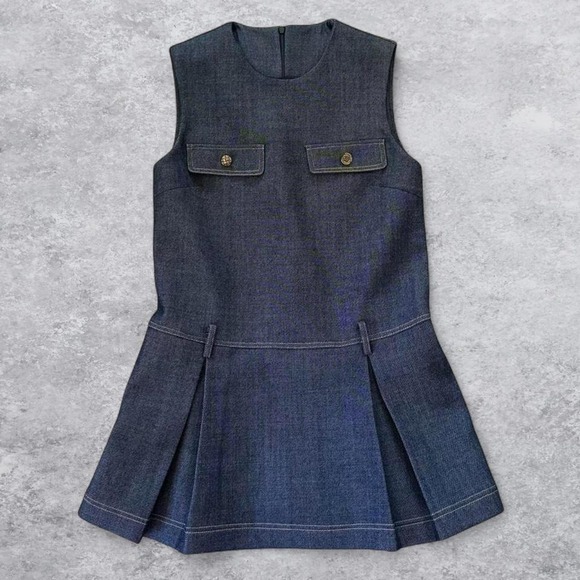 Honore Dresses & Skirts - Honore Wool Blend Pleated Structured Mini Dress Dark Indigo Blue Gold Button S